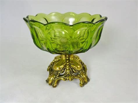 Vintage Green Glass Compote Brass Metal Base Candy Bowl Fruit Bowl Plant Stand Vintage Green