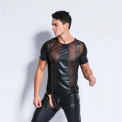 Cfyh 2018 Sexy Gothic Mens Sheer Mesh Leather Short Sleeve T Shirt Tops Mens Gay T Shirts