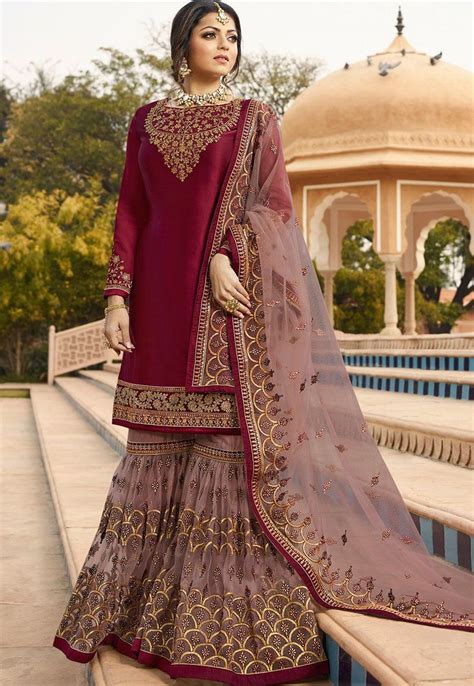 Drashti Dhami Wine Satin Georgette Embroidered Sharara Style Suit 3606