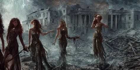 Beautiful Female Witches Exploring Scorched Ruins Of Stable Diffusion