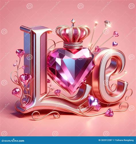 Love Text In Elegant Pink Typography With A Metallic Pink Heart With