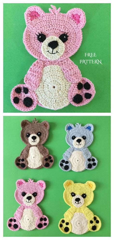 Crocheted Teddy Bear Appliques Are Shown In Three Different Colors And