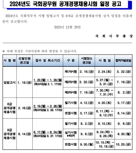 2024년도 국회공무원 채용 일정입법고시 및 8급 9급 공개경쟁채용시험 네이버 블로그