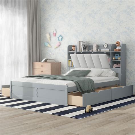 Nestfair Gray Queen Size Wood Platform Bed With Storage Headboard