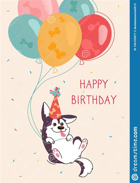 Tarjeta De Saludo Husky Feliz Cumpleaños El Perro Vuela En Globos