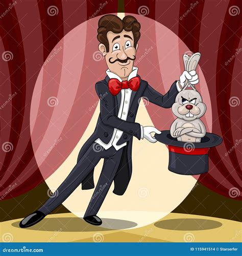 Smiling Magician Pulls Out A Displeased Rabbit From A Hat Stock Vector