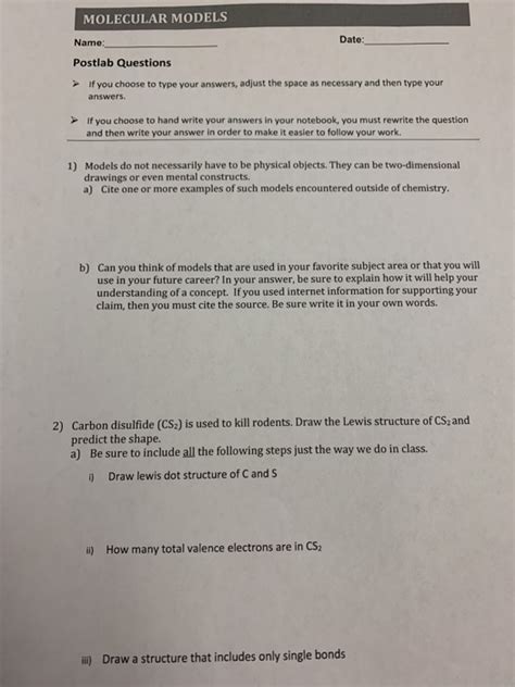 Solved MOLECULAR MODELS Name Date Postlab Questions If You Chegg