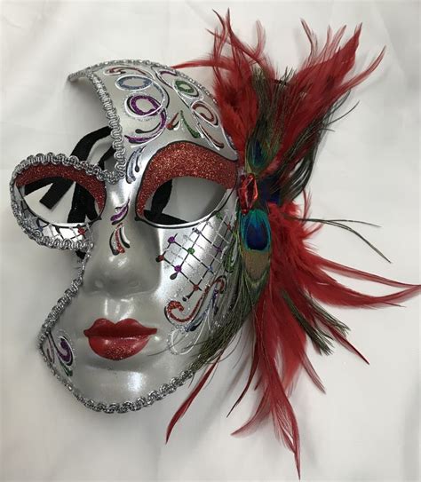 Full Face Decorative Masquerade Mask with Red Feathers | Masquerade ...