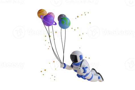 D Illustration Of Astronaut Flying With Planet Balloons Astronaut