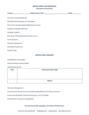 Fillable Online Wce Wwu Instructional Plan Worksheet Fax Email Print