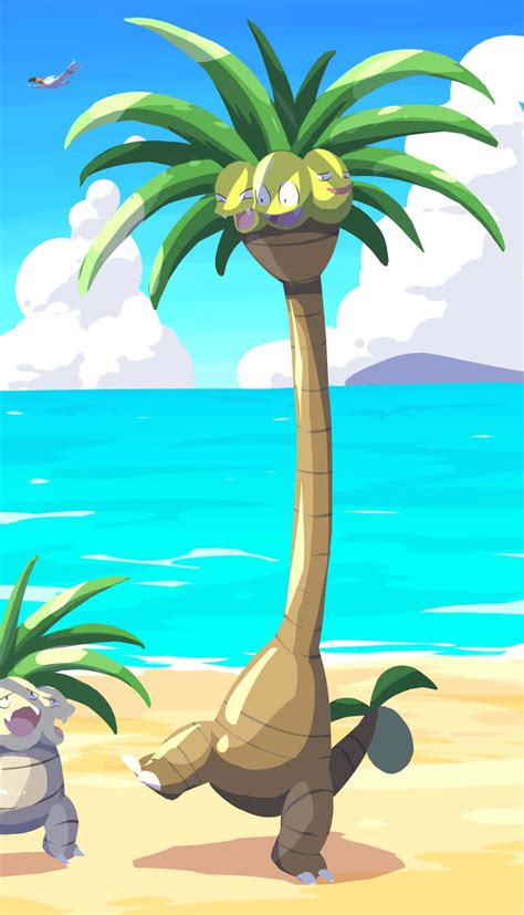 Download Alolan And Regular Exeggutor By The Beach Wallpaper