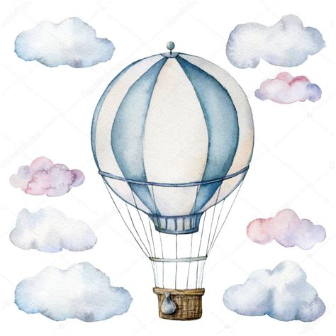 Acuarela Con Globo Aerost Tico Y Nubes Ilustraci N De Cielo Pintado A