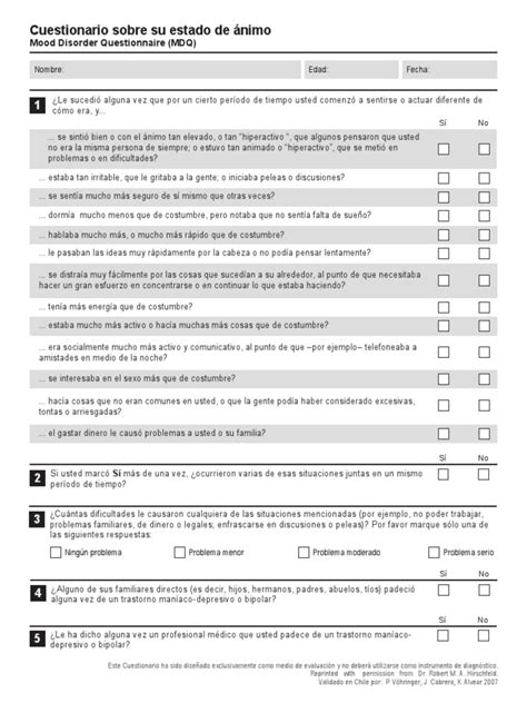 Mdq Mood Disorder Questionnaire Pdf Desorden Bipolar