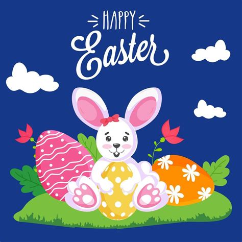 Happy Easter Poster Design With Cartoon Bunny Holding Painted Egg On Floral Garden View And Blue