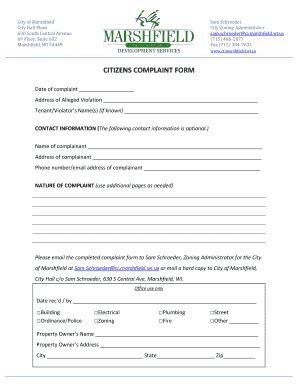 Fillable Online Citizens Complaint Form City Of Marshfield Fax Email