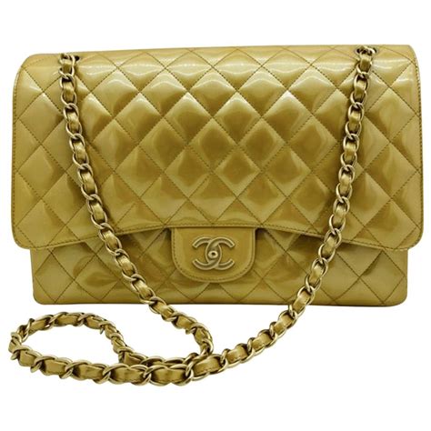 Chanel Maxi Classic Flap Bag Gold Patent Leather Gold Hardware For