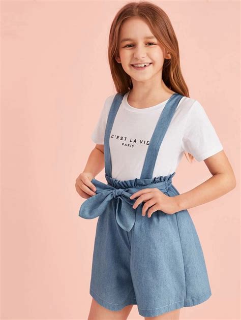 Shein Girls Paperbag Waist Denim Pinafore Shorts Tween Fashion