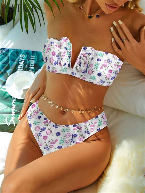 Zaful Bikini Bandeau Acanalado Floral Para Mujer Traje De Ba O De Dos