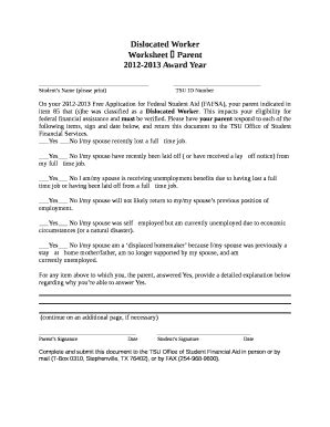 Fillable Online Tarleton Dislocated Worker Worksheet Parent