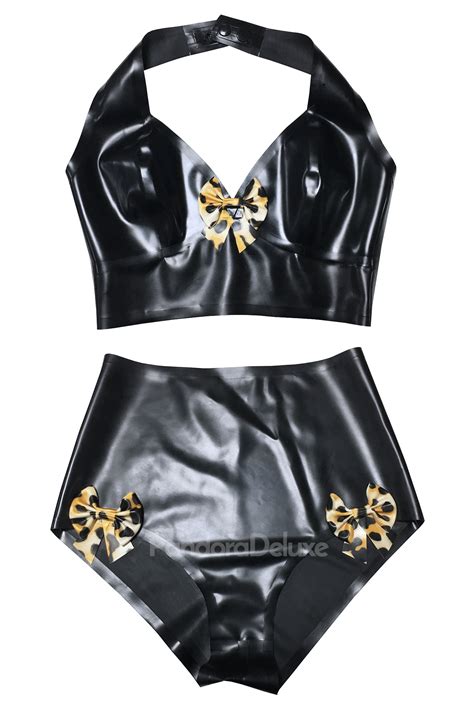 Leopard Latex Bow Lingerie Set Pandora Deluxe