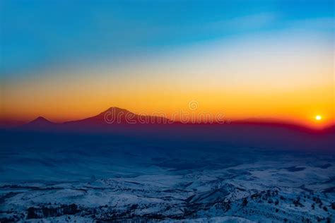 Mountain and Sun. Sunrise on Mount Ararat. Fantastic Landscape with ...