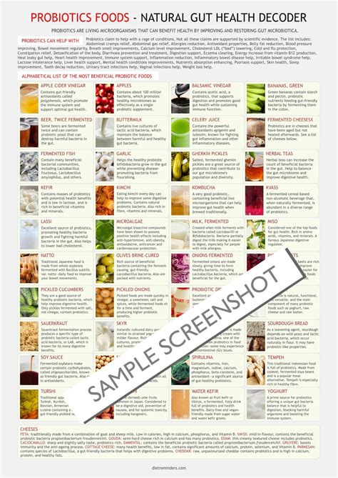 Probiotic Foods Chart Digital Download Pdf High Probiotic Food