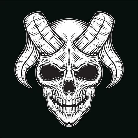 Dark Art Gothic Skull Demon Horn Vintage Tattoo Bones In Hand Drawing