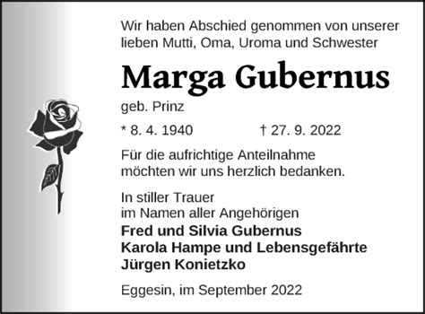 Traueranzeigen Von Marga Gubernus Trauer Nordkurier