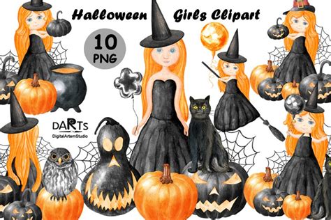 Cute Halloween Witch Clipart Watercolor Pumpkin Girls Png