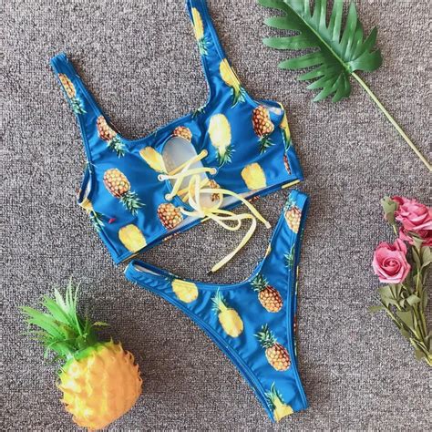 Sexy Pineapple Swimsuit Hollow Bikini Printed Swimwear Bandage Bikini