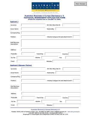 Fillable Online Individual Membership Application Form ABIE Germany