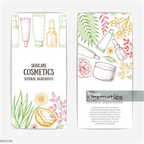 Set Spanduk Kosmetik Kecantikan Organik Sketsa Yang Digambar Tangan