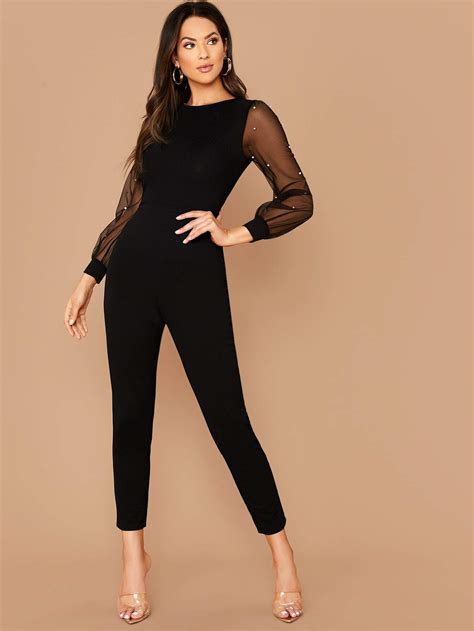 Pearls Mesh Sleeve Form Fitted Jumpsuit Without Belt