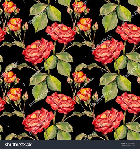 Watercolor Floral Seamless Pattern Red Rose Stock Illustration