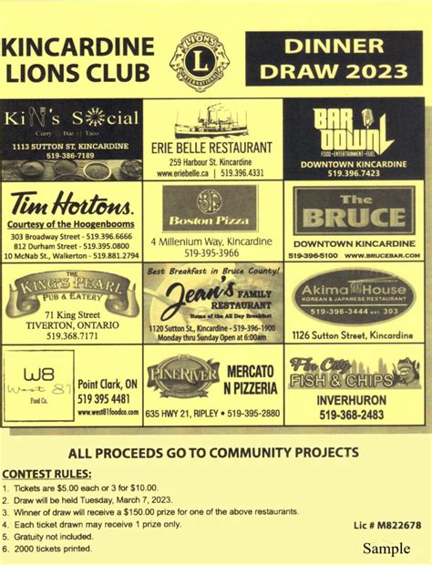 Kincardine And District Lions Announce Tickets On Sale For Annual Dinner Draw Shoreline Classics Fm