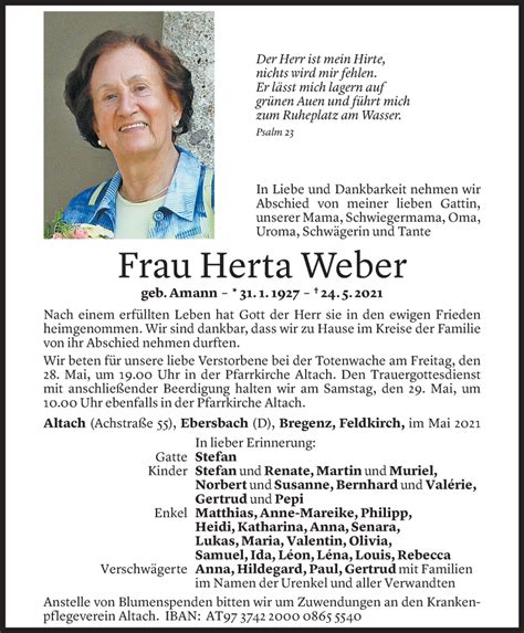 Todesanzeigen Von Herta Weber Todesanzeigen Vorarlberger Nachrichten