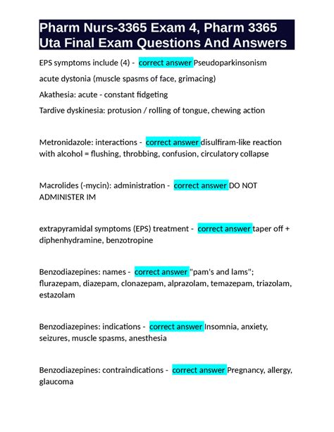 Pharm Nurs 3365 Exam 4 Pharm 3365 Uta Final Exam Questions And Answers