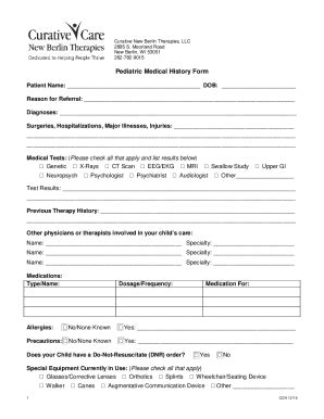 Fillable Online Pediatric Medical History Form Curative Fax Email