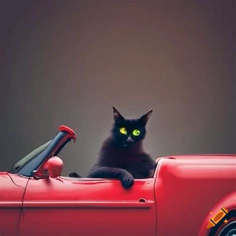 A Black Cat In A Red Convertible On Craiyon