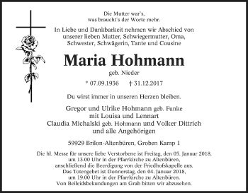 Traueranzeigen Von Maria Hohmann Trauer In Nrw De