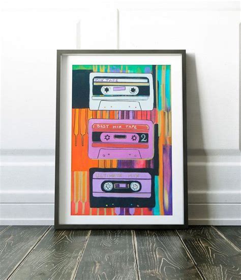 An Art Print With Cassette Tapes On The Bottom And One In The Middle Against A White Wall