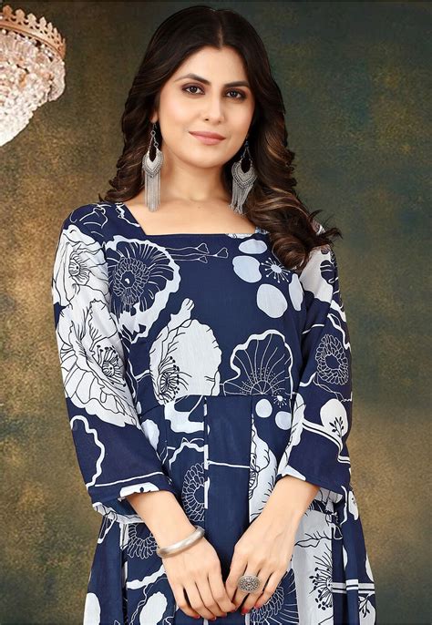 Buy Printed Muslin Cotton Maxi Dress In Navy Blue Online Tgw3848