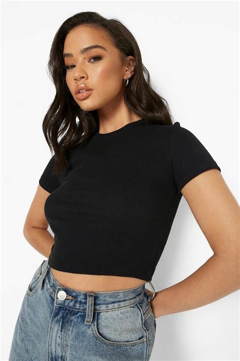 Womens Black Short Sleeve Crew Neck Ribbed Top Boohoo Uk