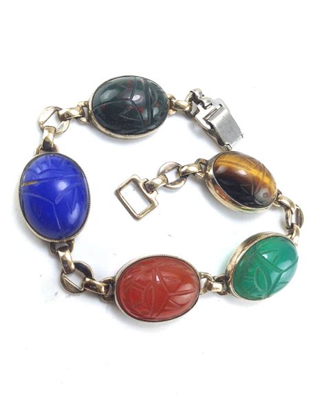 Scarab Bracelet Carved Semi Precious Gemstones 14k Sterling Etsy