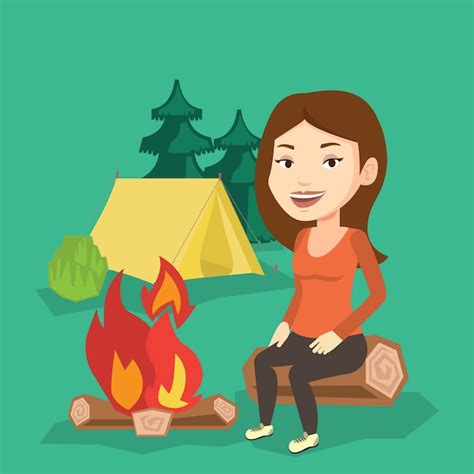 Premium Vector Woman Sitting On Log Near Campfire In The Camping