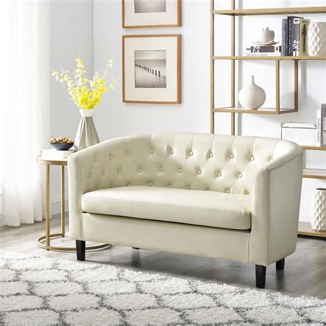 HOMESTOCK Cream Love Seat, Button Tufted Faux Leather Barrel Loveseat ...