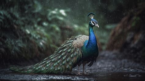 Premium Ai Image A Peacock Stands In The Rain In Front Of A Green