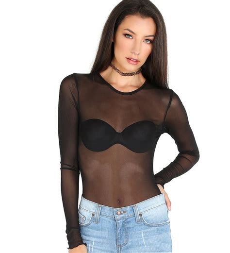 Womens Long Sleeve Slim Fit See Through Sheer Mesh Top Black