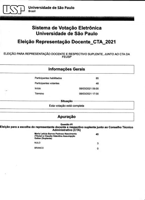 Resultado da eleição para representante docente e respectivo suplente