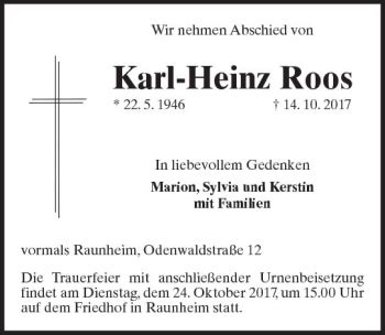 Traueranzeigen Von Karl Heinz Roos Vrm Trauer De